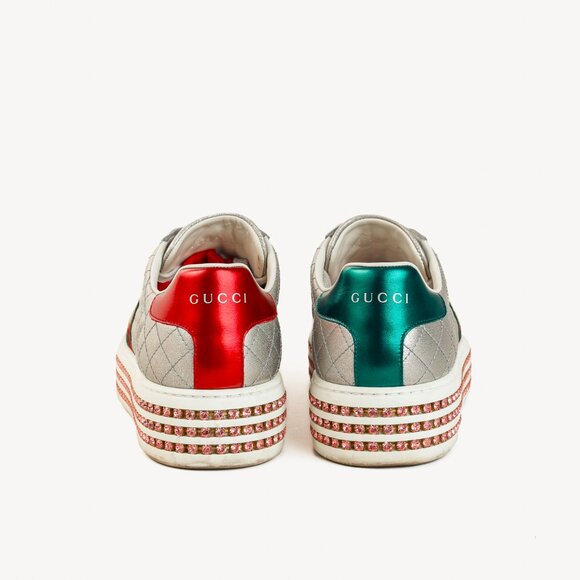 Gucci Ace Silver Quilted-Leather Bee-Webbing Crystal-Platform Sneakers - Picture 3 of 14